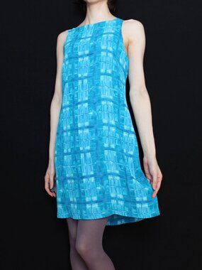 Vintage Bright Blue Grid Print Sleeveless Mini Sheath Dress, Size 8